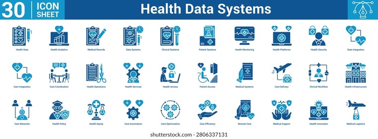 Health Data Systems editable icon set vector illustration concept for business with icon of Health Data, Health Analytics, Medical Records, Data Systems, Clinical Systems, Patient Systems, Healt.