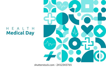 Health Day. Medical holiday logo. Healthcare and medicine. Abstract flat shapes. Mental care. Hospital treatment. Geometric Bauhaus forms. Memphis pattern. Brutalism icon. Vector garish background