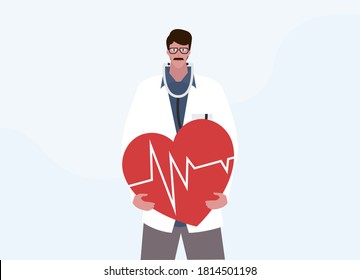 Health day vector concept: Male doctor showing heart symbol while wearing stethoscope 