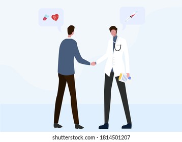 Health day vector concept: Young patient and male doctor handshaking after doing consultation in the clinic 