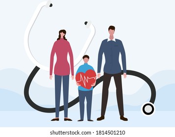 Health day vector concept: Young parents and little son showing heartbeat symbol with stethoscope 