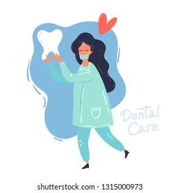 Health Dent design vector template flat style on background. The doctor with the tooth. Dental clinic poster, card, information background concept. Health tooth in a form of heart.