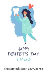 Health Dent design vector template. Happy Dentist's day card. The doctor with the tooth. Dental clinic poster, card, information background concept. Health tooth in a form of heart.