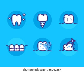 Health Dent Logo Design Vector Template Flat Line Style. Dental Icons Set, Different Dental Deseases. Cosmetic Dental Dentistry. Dental Clinic. Logotype Concept Icon. Health Tooth Poster Or Card.