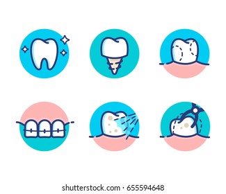 Health Dental Icon Pack Design Vector Flat Line Style. Cosmetic Dental Dentistry. Dental Surgery. Health Teeth Care. Braces Medicine. Oral Hygiene. 