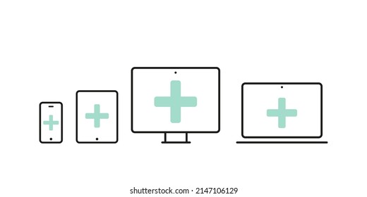 Conjunto de iconos del dispositivo de mantenimiento: smartphone, tablet, laptop y computadora de escritorio con cruces médicas. Ilustración vectorial, diseño plano