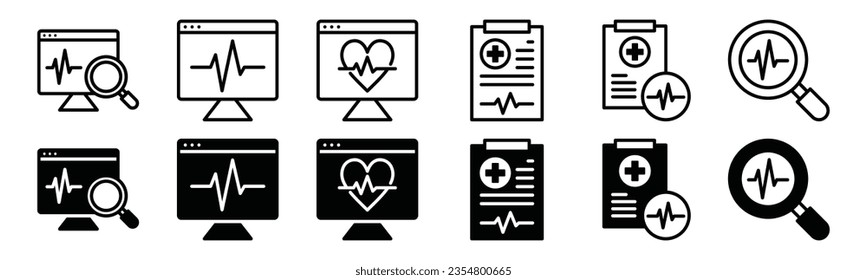 Health diagnosis icons set. Health diagnostics icon. Monitoring, analysis, heartbeat, heart rate, data medical records icon symbol in line and flat style. Medicals care vector illustration