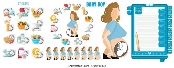 Health diary for pragnant woman. Woman Pregnant baby boy with her schedule. Template of notebook paper for notice right and stickers of diary. Vector illustration design on white