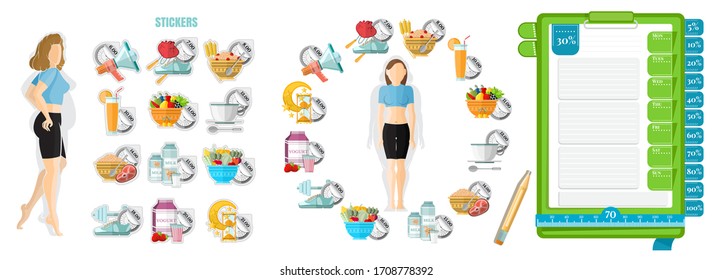 Health diary. Woman with her schedule diet from left. Template of notebook paper for notice right and stickers of diary. Vector illustration design on white