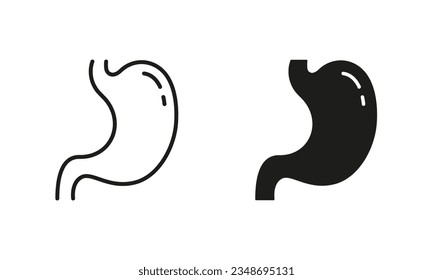 Health Digestive System Line and Silhouette Icon Set. Gastric Internal Organ Symbols on White Background. Digestion Disease, Indigestion, Stomach Pain Pictogram. Isolated Vector Illustration.