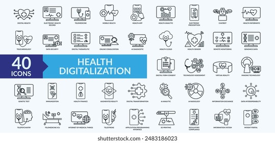 Health digitalization icon collection set with electronic health record, electronic prescription, digital therapeutic, online consultation, virtual reality 