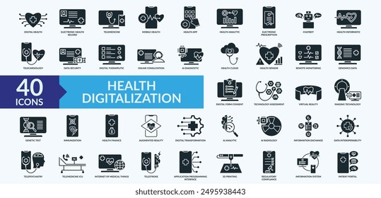 Health digitalization icon collection set with electronic health record, electronic prescription, digital therapeutic, online consultation, virtual reality