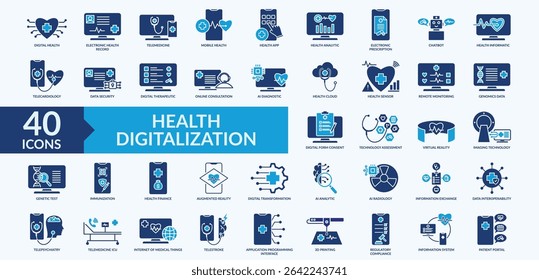 Health digitalization icon collection set with electronic health record, electronic prescription, digital therapeutic, online consultation, virtual reality 
