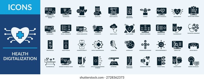 Gesundheit Digitalisierung - Icon Collection. Thin Glyph solid Set enthält Symbole wie digitale Formularkonformität, digitale Gesundheit, digitale Therapeutik und mehr. Einfache Web-Symbole