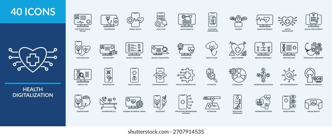 Conjunto de iconos de digitalización de salud. Contiene salud móvil, consulta en línea, portal para pacientes, realidad aumentada, chat bot y más. Colección de iconos de vector de contorno