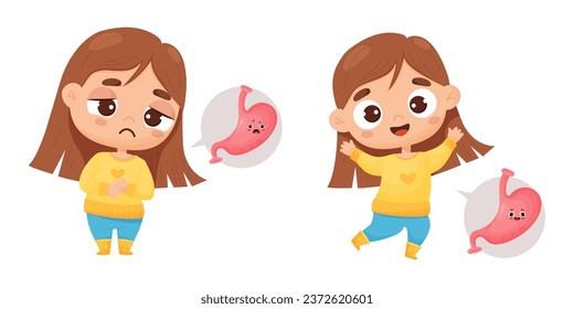 Salud y enfermedades. Muchacha triste y enferma con dolor de estómago. Y un personaje femenino feliz con un órgano gástrico sano. Ilustración vectorial en estilo de dibujos animados para la colección de niños, diseño de temas médicos