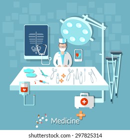 Health doctor operating room medical instruments treatment crutches pills drugs vector illustration 