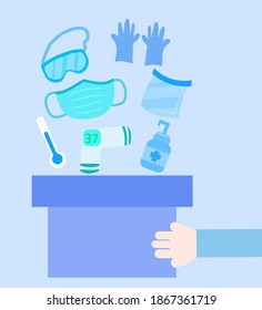 Health donate protection concept.Equipment including  medical mask medical masks, gloves, wet wipes, face shield, protective glasses, soap, sanitizer and spray.Coronavirus concept.