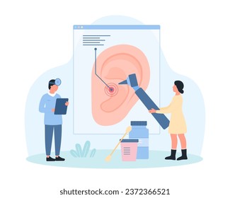 Health of ear, audiology, otolaryngology vector illustration. Cartoon tiny otolaryngologists check human ear with otoscope equipment on medical examination, audiologists test for hearing problem