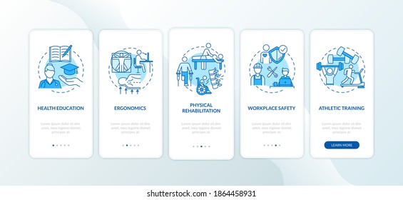 Health education blue onboarding mobile app page screen with concepts. Ergonomic workplace. Kinesiology walkthrough 5 steps graphic instructions. UI vector template with RGB color illustrations