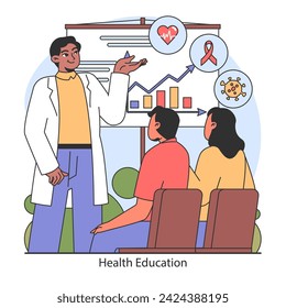 Concepto de educación para la salud. Experto compartiendo conocimientos sobre temas vitales de salud con oyentes atentos. Aprendizaje interactivo y toma de decisiones informadas en salud. Ilustración vectorial plana.