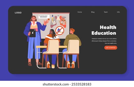 Health education concept. An instructor teaches students about the risks of vaping, promoting awareness for EVALI. Interactive learning in a classroom setting. Vector illustration.