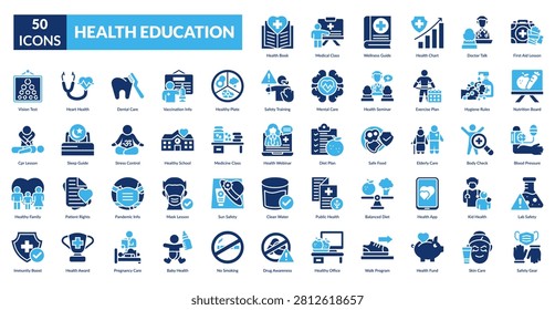 Health Education Fill Icon Set. Anatomy, Apple, Baby, Blackboard, Book, Bottle, Brain