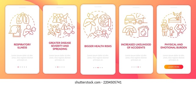Health effects of overcrowding red gradient onboarding mobile app screen. Walkthrough 5 steps graphic instructions with linear concepts. UI, UX, GUI template. Myriad Pro-Bold, Regular fonts used