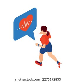 Dispositivo electrónico de salud aplicación de reloj inteligente para monitorizar el icono isométrico de la frecuencia cardíaca con la ilustración vectorial 3d de la mujer jogging