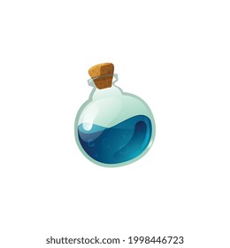 Health elixir and magic spell potion in glass flask, flat vector illustration isolated on white background. Magic potion or chemical laboratory liquid.