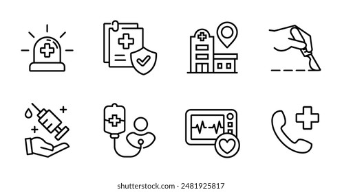 health emergency icon line vector set patient rescue surgery medical treatment signs outline illustration for web and app