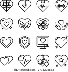 Conjunto de Ícones de Emoção de Saúde - Ilustração de Vetor de Coração, Suporte de Cuidados Contorno Symbols.eps
