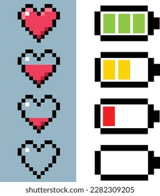 Salud y nivel de energía. Corazón y batería. Ilustración de vector de arte de píxeles de 8 bits