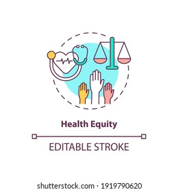 Health Equity Concept Icon. Health Programs Principles. Getting Proper Medical Help From Proffesionals. Clinic Idea Thin Line Illustration. Vector Isolated Outline RGB Color Drawing. Editable Stroke