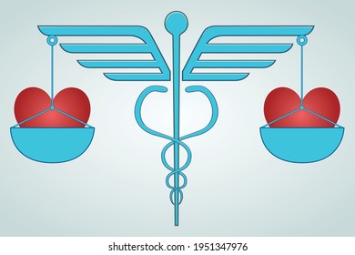 Health Equity Illustration Vector On White Background. A Design Consisting Of A Caduceus Symbol, Balances, And Red Hearts. Health, Healthcare, Medical And Medicine Concept Design.