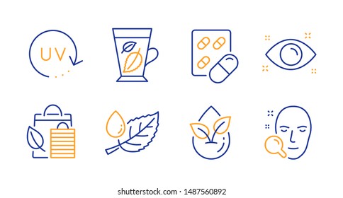 Health eye, Bio shopping and Capsule pill line icons set. Uv protection, Organic product and Leaf dew signs. Mint leaves, Face search symbols. Optometry, Leaf. Healthcare set. Vector