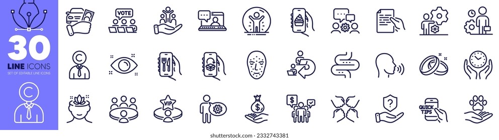 Health eye, Copyrighter and Wedding rings line icons pack. Intestine, Job, Food app web icon. Education, Meeting, Online voting pictogram. Income money, Restaurant app, Yoga mind. Vector