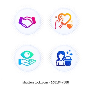 Health eye, Hold heart and Handshake icons simple set. Button with halftone dots. Cleaning sign. Optometry, Care love, Deal hand. Maid service. People set. Gradient flat health eye icon. Vector
