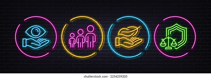 Health eye, Lightweight and Business hierarchy minimal line icons. Neon laser 3d lights. Justice scales icons. For web, application, printing. Optometry, Feather nib, Organization. Law shield. Vector