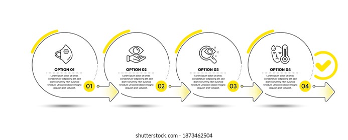 Health Eye, Medical Mask And Vision Test Line Icons Set. Timeline Process Infograph. Fever Sign. Optometry, Surgical Mask, Eyesight Check. High Temperature. Healthcare Set. Vector