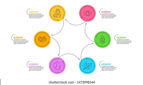Health eye, Oil drop and Fair trade signs. Infographic timeline. Nurse, Gluten free and Leaf line icons set. Medicine pill, Bio ingredients, Nature leaves. Optometry. Healthcare set. Vector