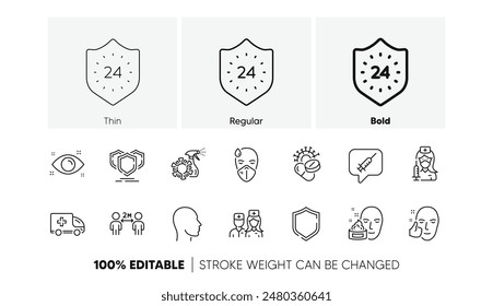 Iconos de línea de píldoras de salud ocular, distanciamiento social y coronavirus. Paquete de Cabeza, Hombre enfermo, icono de 24 horas. Doctor, crema facial, pictograma facial saludable. Pulverizador de coronavirus, escudo, escudos. Vector