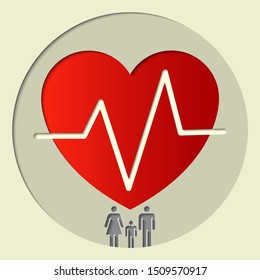  Health family.Mother, father and child with red heart.Paper art style.Vector illustration.Eps10