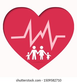  Health family.Mother, father and child with red heart.Paper art style.Vector illustration.Eps10