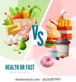 Health or fast 3D plastic style vector poster. Healthy balanced food vs unhealthy sugar desserts and fast food. Choice between good and bad nutrition. Sweet and fat eating versus balanced products
