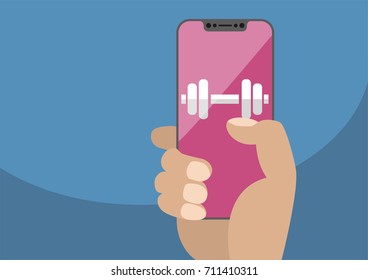 Health or fitness app concept on frameless touchscreen as vector illustration. Hand holding bezel free smartphone with icon of gym weights