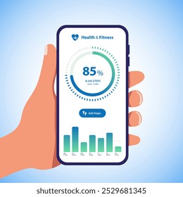 Health and Fitness application. Hand holding a smartphone with health app counting steps progress.