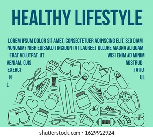 Health and fitness club web site concept. Sports equipment and cloth vector illustrations