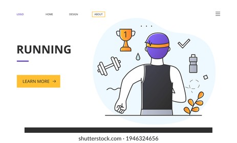 Health and fitness concept featuring a man Running with assorted sport icons, website landing page or template design vector illustration