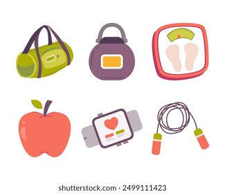 Health and fitness icon set. Jump rope, dumbbells, kettlebell, and water bottle